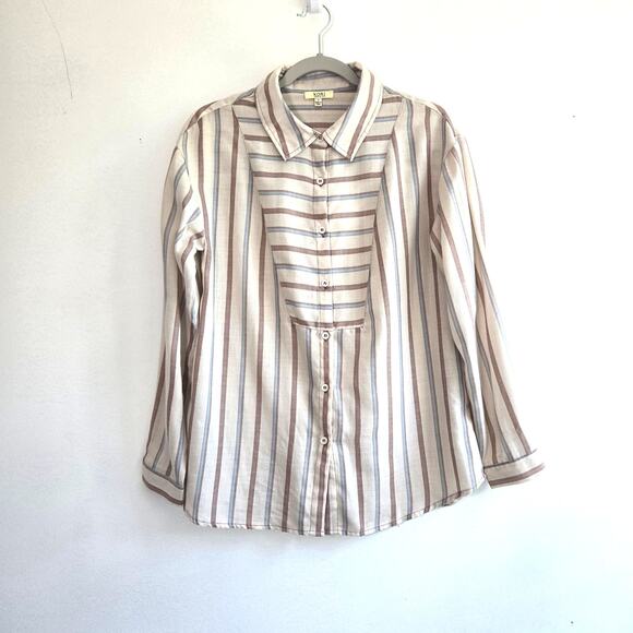 Kori Tops - 70's/80's Style Kori Blue and Brown Striped Button Down Size S
